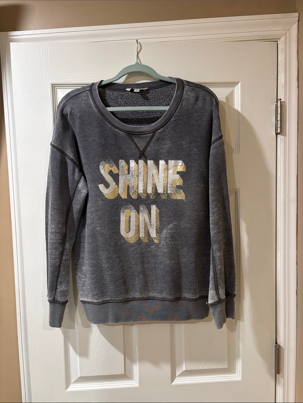 American Eagle Outfitters Gray Crewneck Sweatshirt with Gold 'SHINE ON' Print